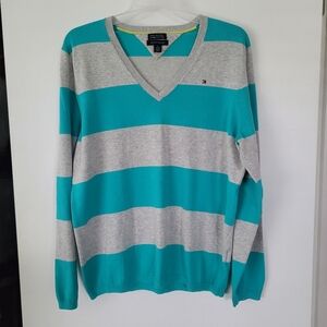 Tommy Hilfiger V Neck Sweater Pima Cotton Womens Size XL Teal Gray Preppy